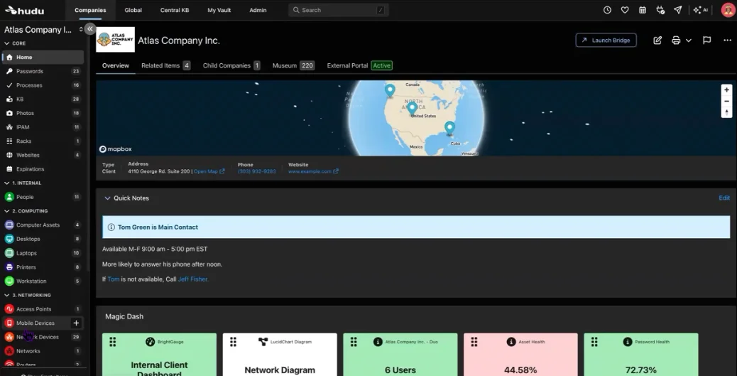 Screenshot of the Hudu workspace